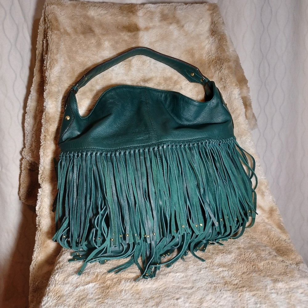OrYANY Emerald Green Fringe shoulder bag, 100% leather, made in India